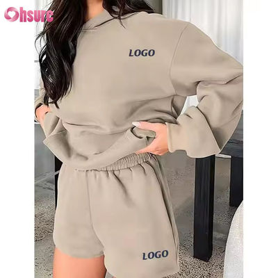 F240140 Kundensatz Kurzstücke Zwei-Stücke-Satz Frauen Langärme einfache Hoodie Sweatsuit und Fitness-Shorts Set Frühjahrskleidung für Frauen
