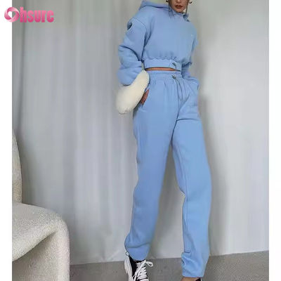OEM Hochwertiges Fleece-Baumwoll-Sweatshirt und Hoodie-Set Outdoor Cropped Hoodie Top Zweiteiliges Set Damenbekleidung