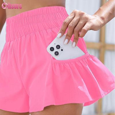 Frauen High Waist Athletic Running Shorts Workout Fitnessstudio Schnelle Trockene Fließende Shorts mit Taschen Feste Farbe Schnelle Trocknung Shorts
