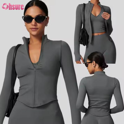 Sonnenschutzjacke Halskrause Reißverschluss Langärme Femme Yogajacke Sweatshirts für Frauen Enge Outdoor Fitness Sports Tops