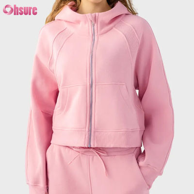 Individuelles Logo Damen Vintage Fleecejacke mit durchgehendem Reißverschluss für Winterlauf Yoga Fitnessstudio Kapuzenpullover Daumenlöcher Futter Strickstoff