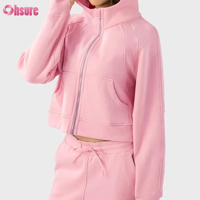 Individuelles Logo Damen Vintage Fleecejacke mit durchgehendem Reißverschluss für Winterlauf Yoga Fitnessstudio Kapuzenpullover Daumenlöcher Futter Strickstoff