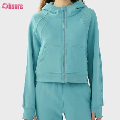 Individuelles Logo Damen Vintage Fleecejacke mit durchgehendem Reißverschluss für Winterlauf Yoga Fitnessstudio Kapuzenpullover Daumenlöcher Futter Strickstoff