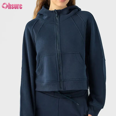 Individuelles Logo Damen Vintage Fleecejacke mit durchgehendem Reißverschluss für Winterlauf Yoga Fitnessstudio Kapuzenpullover Daumenlöcher Futter Strickstoff
