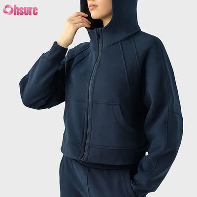 Individuelles Logo Damen Vintage Fleecejacke mit durchgehendem Reißverschluss für Winterlauf Yoga Fitnessstudio Kapuzenpullover Daumenlöcher Futter Strickstoff