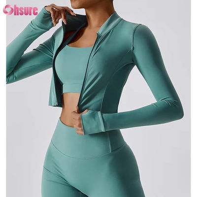 Schlanke Passform, durchgehender Reißverschluss, Nylon/Spandex 230GSM Fitness Sport Crop Tops, Langarm, individuelles Logo, Reißverschluss-Sportbekleidung für Damen