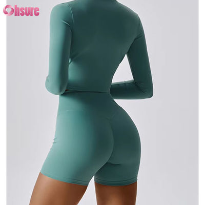 Schlanke Passform, durchgehender Reißverschluss, Nylon/Spandex 230GSM Fitness Sport Crop Tops, Langarm, individuelles Logo, Reißverschluss-Sportbekleidung für Damen
