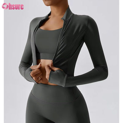 Schlanke Passform, durchgehender Reißverschluss, Nylon/Spandex 230GSM Fitness Sport Crop Tops, Langarm, individuelles Logo, Reißverschluss-Sportbekleidung für Damen