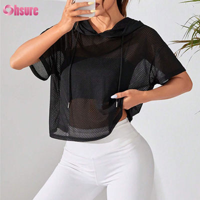 Trainingskleidung Locker Perspektive Gehackte Sport-Sweatshirt Drop Schulter Kurzärme für Frauen Yoga Grundlegende feste Farbe Casual