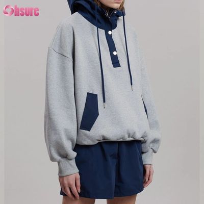 Modedesign Bequemer Baumwoll-Oversized-Style Knopf Kontrastfarbe Taschen-Hoodie für Damen
