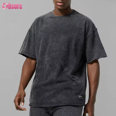 Individuelles Logo Schweres Gewicht Schwarz Herren 100% Baumwolle Aktiv Oversized Säuregewaschen Roher Saum Sport T-Shirt Gymnastik T-Shirt Herren