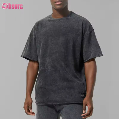 Individuelles Logo Schweres Gewicht Schwarz Herren 100% Baumwolle Aktiv Oversized Säuregewaschen Roher Saum Sport T-Shirt Gymnastik T-Shirt Herren