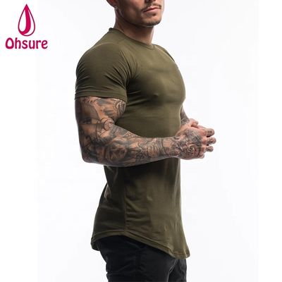 Individuelles Baumwoll-Spandex Fitness Herren Gymnastik T-Shirt Kleidung Armeegrün Kurzarm Einfarbiges Workout T-Shirt Herren